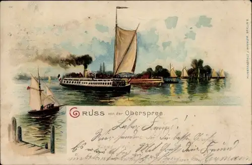 Litho Salondampfer auf der Oberspree, Segelboot