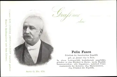 Ak Félix Faure, Französischer Staatspräsident, Portrait