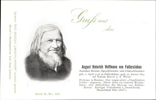Ak August Heinrich Hoffmann von Fallersleben, Dichter, Sprachforscher und Literaturhistoriker