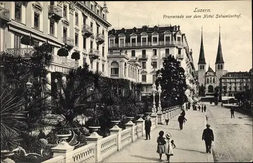 Ak Luzern Stadt Schweiz, Promenade vor dem Hotel Schweizerhof, Kirche