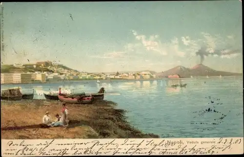 Litho Napoli Neapel Campania, veduta generale, Blick über den Golf, Vesuv