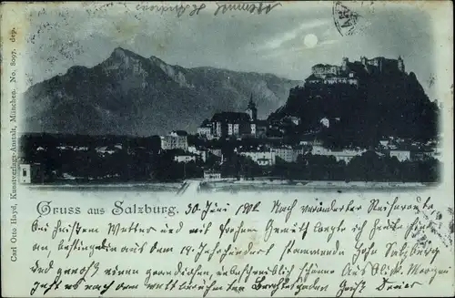 Mondschein Ak Salzburg in Österreich, Blick über die Stadt, Hohensalzburg