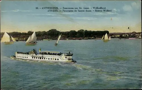 Ak Anvers Antwerpen Flandern, Panorama van St. Anna, Wilfordboot