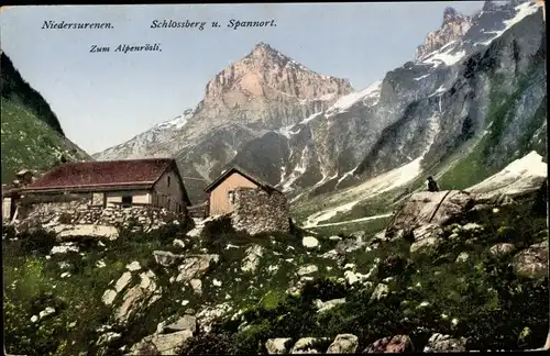 Ak Engelberg Kanton Obwalden Schweiz, Niedersurenen, Zum Alpenrösli, Schlossberg und Spannort