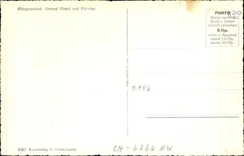 Ak Bürgenstock Kanton Nidwalden, Grand Hotel mit Pilatus