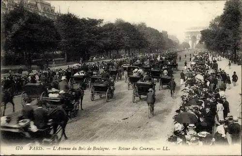 Ak Paris XVI. Arrondissement Passy, L'Avenue du Bois du Boulogne, Retour des Courses