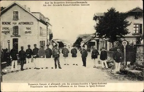 Ak Igney Avricourt Lothringen Meurthe et Moselle, Deutsch französische Grenze, Tankstelle