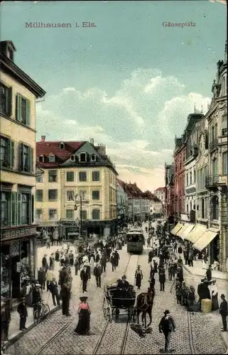 Ak Mulhouse Mülhausen Elsass Haut Rhin, Gänseplatz, Straßenbahn