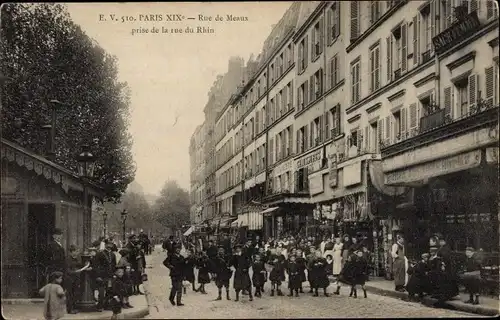 Ak Paris XIX Buttes Chaumont, Rue de Meaux prise de la Rue du Rhin, Geschäfte, Straßenszene