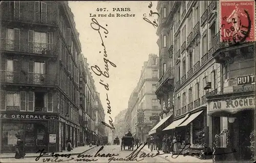 Ak Paris VIII, Rue du Rocher, Häuserflucht, Passanten, Geschäfte, Kutschen