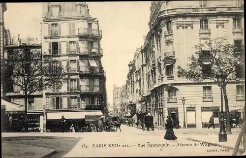 Ak Paris XVII, Rue Rennequin, Avenue de Wagram, Fuhrwerke, Passanten