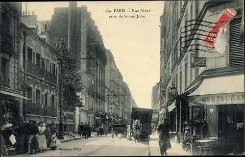 Ak Paris XIV Observatoire, Rue Didot, prise de la rue Julie, Restaurant, Passanten, Fuhrwerke