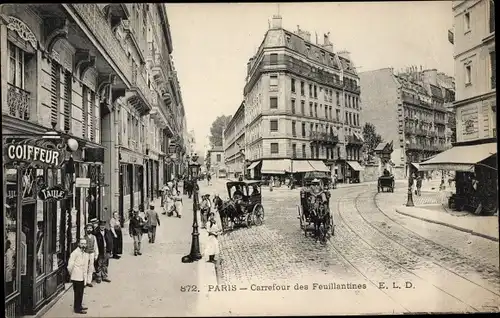 Ak Paris V, Carrefour des Feullantines, Straßenszene, Kutschen, Coiffeur, Geschäfte, Tramgleise