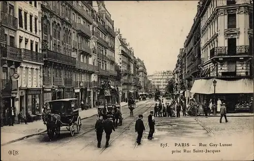 Ak Paris V, Rue Gay-Lussac, Rue St Jacques, Straßenszene, Kutschen, Geschäfte, Tramgleise