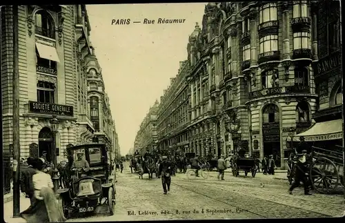 Ak Paris III, Rue Réaumur, Geschäfte, Société Générale, Tabac, Automobile, Kutschen