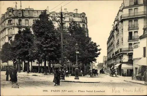 Ak Paris XV, Place Saint Lambert, Fuhrwerke, Passanten