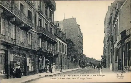 Ak Paris XVI, Rue d' Auteuil prise de la Rue Erlanger, Geschäfte, Passanten