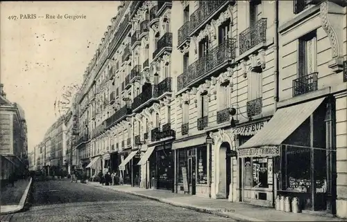 Ak Paris XIV, Rue de Gergovie, Geschäfte, Coiffeur, Milchgeschäft Oeufs Fromages