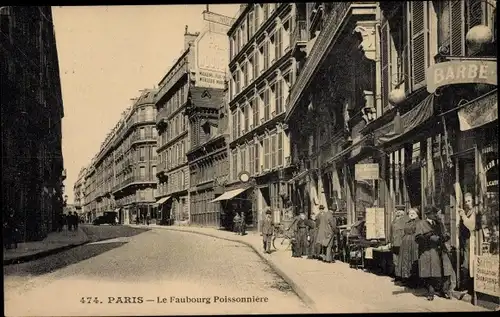 Ak Paris IX et X, le Faubourg Poissonnière, Straßenszene, Geschäfte, Friseurladen