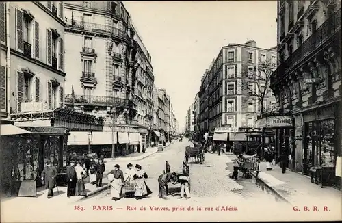 Ak Paris XIV, Rue de Vanves, Rue d'Alesia, Patisserie, Geschäfte, Pferdefuhrwerke