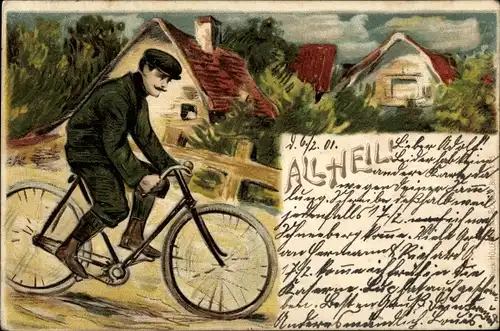Litho All Heil, Mann auf einem Fahrrad, Radfahrer
