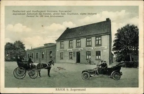 Ak Rahm Duisburg am Rhein, Gastwirtschaft und Bäckerei, Auto, Kutsche