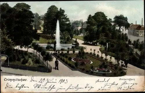 Ak Crimmitschau in Sachsen, Bismarckhain, Springbrunnen