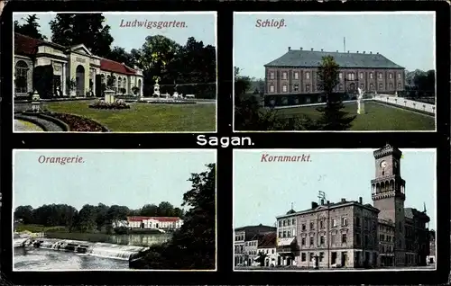 Ak Żagań Sagan Schlesien, Schloss, Kornmarkt, Orangerie, Ludwigsgarten, Wehr
