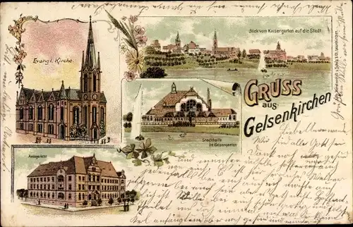 Litho Gelsenkirchen im Ruhrgebiet, Amtsgericht, Ev. Kirche, Kaisergarten, Stadthalle, Gesamtansicht