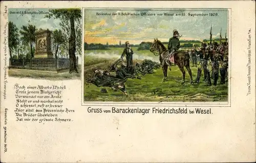 Ak Friedrichsfeld Voerde am Niederrhein, Barackenlager, Heldentod 11 Schillsche Offiziere 16.09.1809