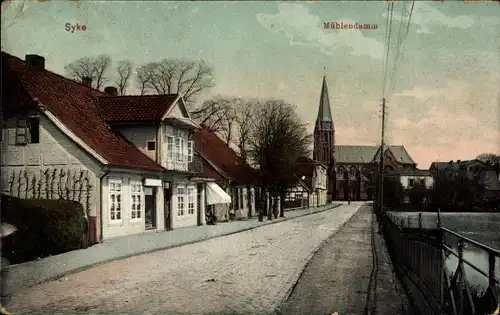 Ak Syke Niedersachsen, Mühlendamm, Straßenpartie, Kirchturm