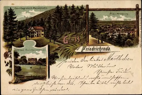 Litho Friedrichroda im Thüringer Wald, Herzogsweg, Lauchagrund, Massenmühle, Schloss Reinhardsbrunn