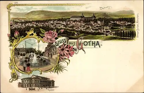 Litho Gotha in Thüringen, Theater, Schloßberg mit Fontäne, Gesamtansicht