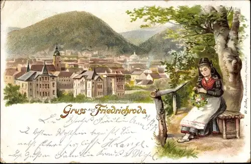 Litho Friedrichroda Thüringen, Frau in Tracht, Blick auf Ortschaft und Umgebung