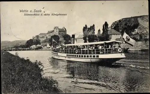 Ak Wettin Löbejün im Saalekreis, Stammschloss Sächs. Königshaus, Dampfer