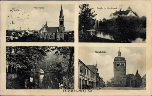 Ak Luckenwalde in Brandenburg, Panorama, Stadtparkpartie, Marktplatz, Kirche