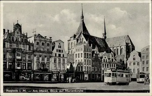 Ak Hansestadt Rostock, Markt, Marienkirche, Straßenbahn