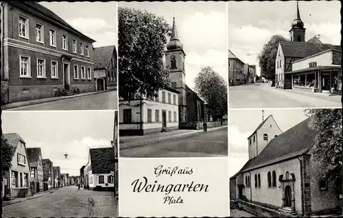 Ak Weingarten Pfalz, Kirche, Straßenpartie, Gemischtwarenladen