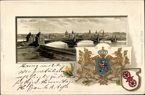 Präge Wappen Ak Mainz am Rhein, Neue Rheinbrücke von Kastel aus gesehen