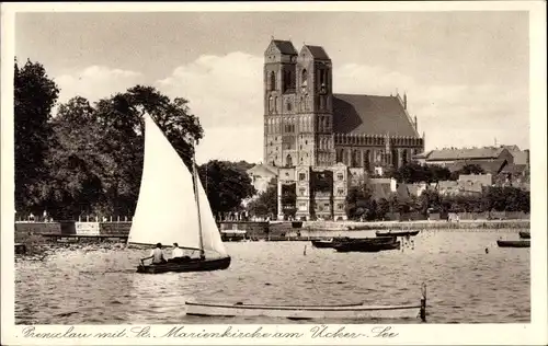 Ak Prenzlau in der Uckermark, Marienkirche, Ückersee, Segelboot