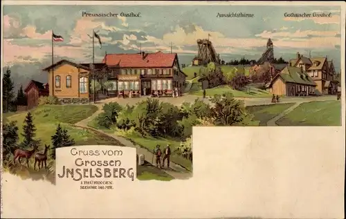 Litho Brotterode Trusetal Thüringen, Inselsberg, Preußischer und Gothaischer Gasthof, Aussichtsturm