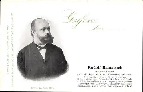 Ak Deutscher Dichter Rudolf Baumbach, Portrait, Zlatorog, Truggold, Portrait