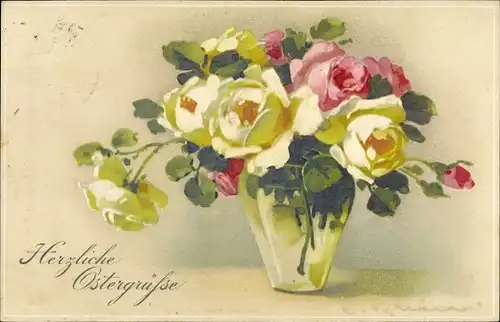 Künstler Ak Klein, C., Glückwunsch Oster, Rosen, Blumenvase