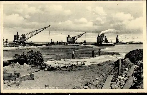 Ak Afsluitdijk Friesland Niederlande, in uitvoering, Baggerkräne