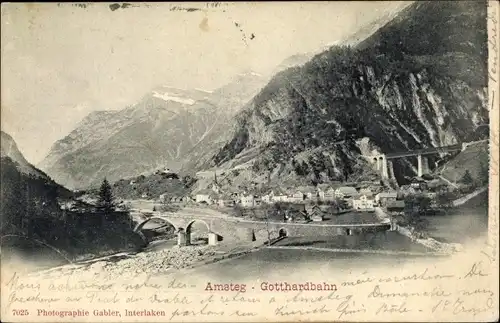 Ak Amsteg Silenen Kanton Uri, Talblick mit Gotthardbahn, Brücken