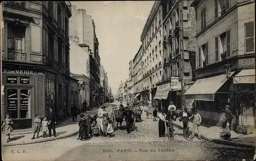 Ak Paris XV, Rue du Théatre, Fuhrwerke, Kindergruppe, Geschäfte, René Vedie