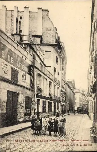 Ak Paris X, Rue de la Lune et  Église Notre Dame de Bonne Nouvelle, Ladenschild P. Gruhier, Kinder