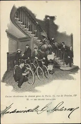 Ak Paris IX, Rue de Trévise, Union Chrétienne des Jeunes gens de Paris, grand escalier