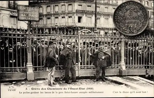 Ak Paris VIII Arrondissement Élysée, La police gardant les issues de la gare Saint Lazare, Greve