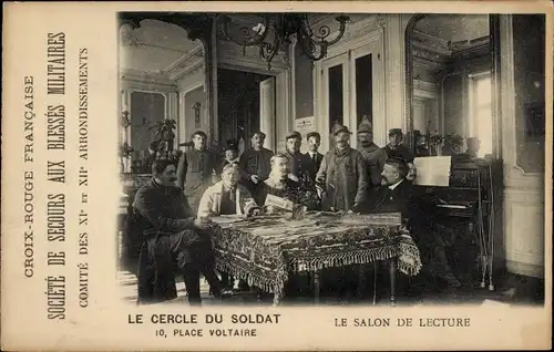 Ak Paris XI., Le Cercle du Soldat, Place Voltaire, Salon de Lecture, Croix Rouge Francaise